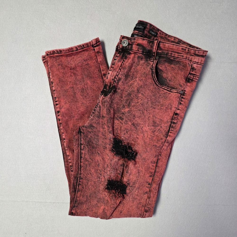 Waimea Mens 40 Red Black Acid Wash Distressed Skinny Jeans Grunge Streetwear